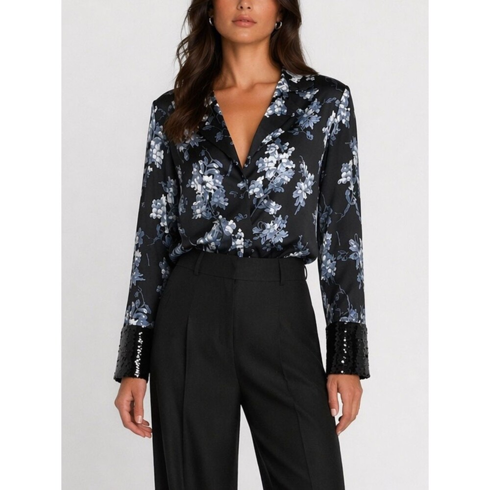 Cinq a Sept Phoebe Blouse Women's XXS Black Floral Sheer Sequin Cuff Evening Top